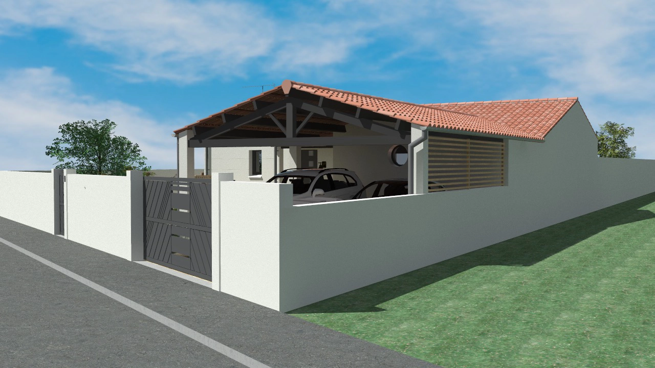 Modélisation 3D d'une avancée de garage intégrée à la maison avec Aunis-plans
