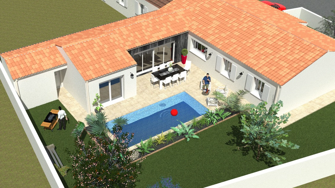 Modélisation 3D d'une extention et d'une piscine avec Aunis-plans à Périgny en Charente-Maritime et Nouvelle-Aquitaine