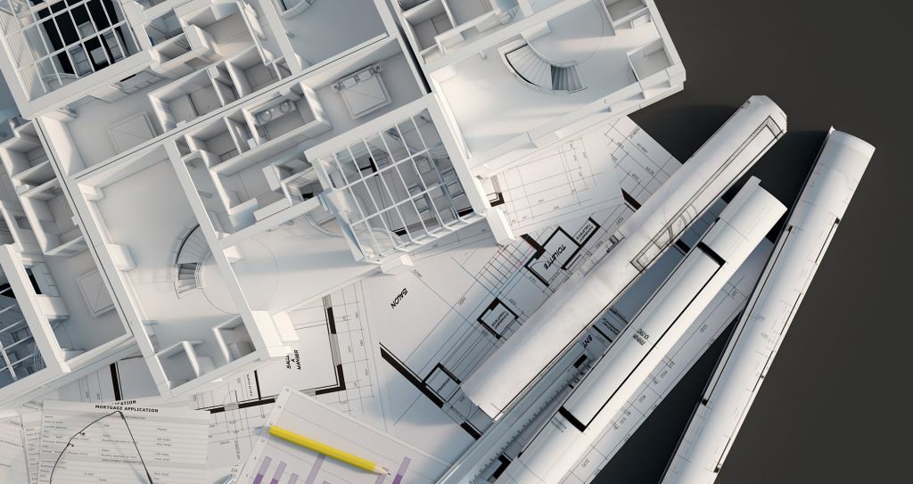 Portfolios de plans d'architecte roulés avec une maquette 3D du futur projet